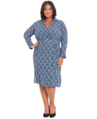 London Times - Plus Size Geo-Print Collared Belted Dress