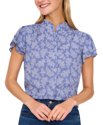 CeCe - Women's Printed Flutter Sleeve Button-Front Blouse