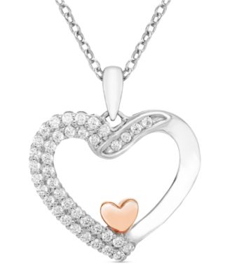Macy's - Diamond Double Row Two Heart 18" Pendant Necklace (1/4 ct. t.w.) in Sterling Silver & 10k Rose Gold