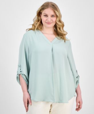 AK Anne Klein - Plus Size V-Neck Pleat-Front Blouse