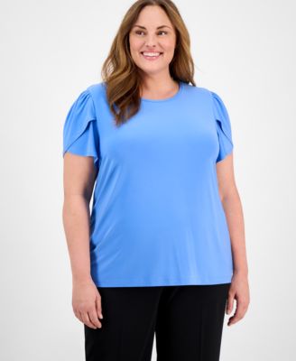 AK Anne Klein - Plus Size Solid Tulip-Sleeve Crewneck Top
