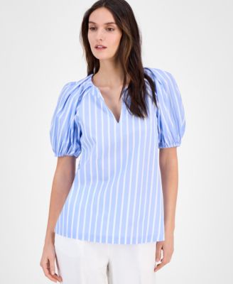 Anne Klein - Petite Cotton Striped Puffed-Sleeve Split-Neck Top