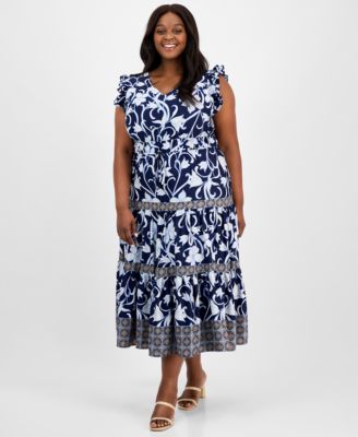 Anne Klein - Plus Size Mixed-Print Tiered Maxi Dress