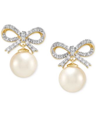 Honora - Cultured Freshwater Pearl (6-6-1/2mm) & Diamond (1/6 ct. t.w.) Bow Earrings in 14k Yellow Gold