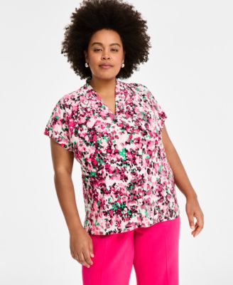 Kasper - Plus Size Printed V-Neck Cap-Sleeve Blouse