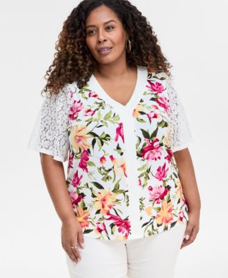 JM Collection - Plus Size Floral-Print Lisana Lace-Trimmed Top