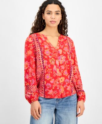 Liverpool Los Angeles - Petite Mixed-Print Button-Front Blouse