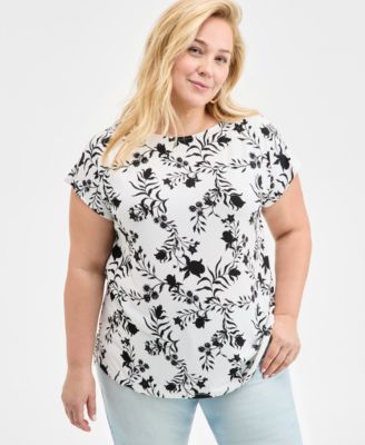 Style & Co - Plus Size Floral-Print Mixed-Media Relaxed Top