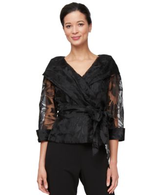 Alex Evenings - Women's Portrait-Neck Burnout-Organza Blouse