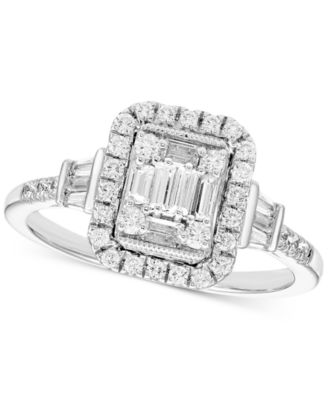 Macy's - Diamond Round & Baguette Halo Cluster Engagement Ring (1/2 ct. t.w.) in 14k White Gold