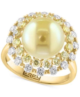 EFFY Collection - Cultured South Sea Pearl (10mm), Yellow Diamond (1-1/3 ct. t.w.) & White Diamond (5/8 ct. t.w.) Halo Ring in 14k Gold
