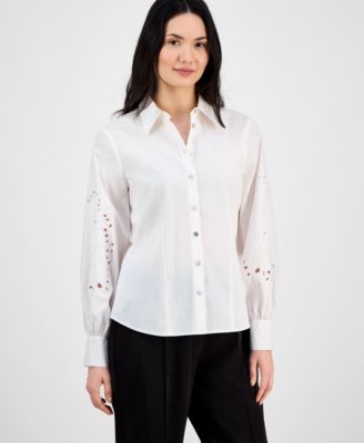 T Tahari - Women's Button-Front Embroidered-Sleeve Shirt