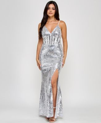 Morgan & Company - Juniors' Metallic Print V-Neck Sleeveless Gown