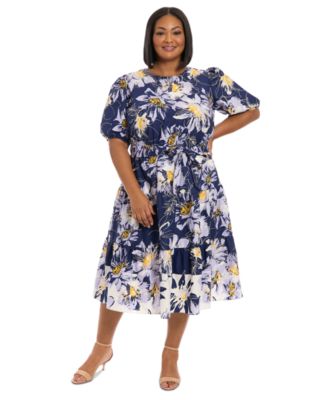 London Times - Plus Size Printed Puff-Sleeve Midi Dress
