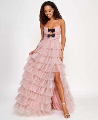 City Studios - Juniors' Ruffled Side-Slit Bow-Trim Ball Gown