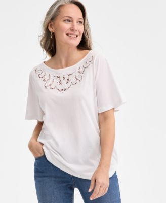 Style & Co - Women's Flutter-Sleeve Embroidered Top