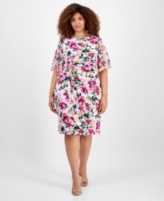Connected - Plus Size Printed Boat-Neck Flutter-Sleeve Dress