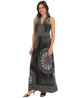 London Times - Women's Printed V-Neck Sleeveless Maxi Dress