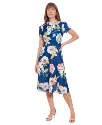 London Times - Women's Tie-Neck Short-Sleeve A-Line Dress