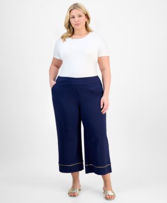 JM Collection - Plus Size Ladder-Trim Pull-On Capri Pants