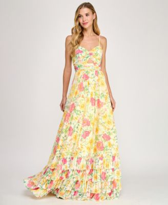 Dear Moon - Juniors' Floral Ruched Cutout Gown