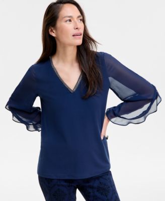 JM Collection - Women's Solid Tulip-Sleeve Mixed-Media Top