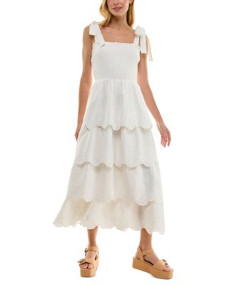 Crystal Doll - Juniors' Eyelet Smocked-Bodice Scalloped Midi Dress
