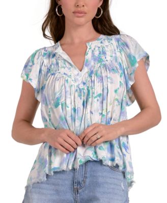 Elan - Women's Allure Cotton Flutter-Sleeve Frill-Hem Top