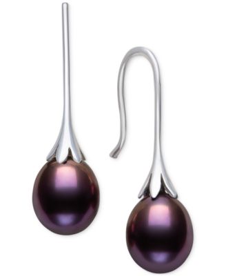 Belle de Mer - Dyed Black Cultured Freshwater Pearl (7-8mm) Drop Earrings in Sterling Silver