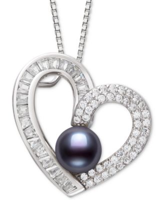Belle de Mer - Freshwater Pearl (6-7mm) & Cubic Zirconia Heart Pendant 18" Necklace in Sterling Silver