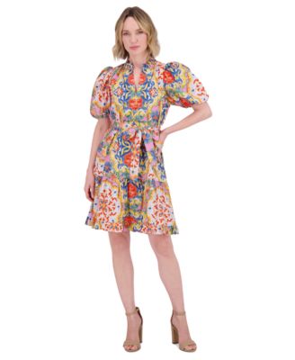 Vince Camuto - Women's Printed Cotton Ruffle-Neck Tie-Waist Dress