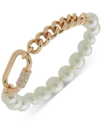 KARL LAGERFELD PARIS - Gold-Tone Pav&eacute; Carabiner Imitation Pearl Stretch Bracelet