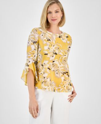 Kasper - Women's Printed Ruffled Bell-Sleeve Top