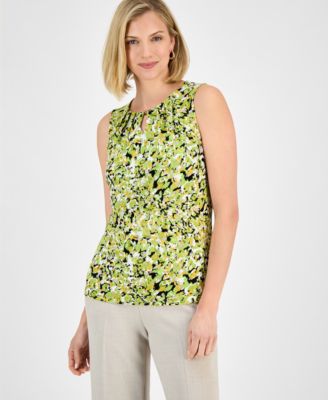 Kasper - Women's Printed Pleated-Neck Keyhole Top