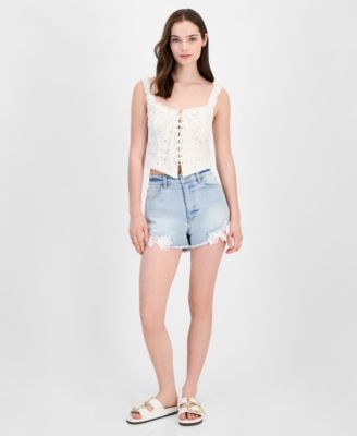 Tinseltown - Juniors' Lace-Detailed Denim Mom Shorts