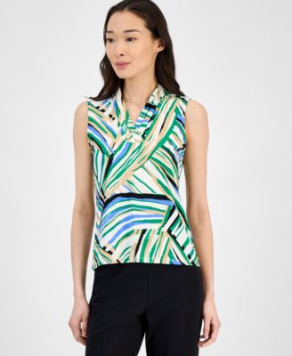 Anne Klein - Women's Pleated-Neck Dot-Print Sleeveless Top