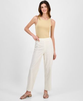 Anne Klein - Petite High-Rise Cotton Eyelet Pants