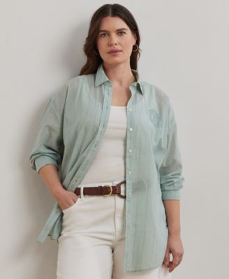 Lauren Ralph Lauren - Plus Size Oversize Striped Cotton Voile Shirt