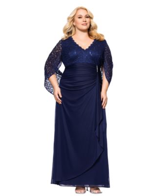 B&A By Betsy and Adam - Plus Size Lace-Cape-Sleeve Embellished Gown