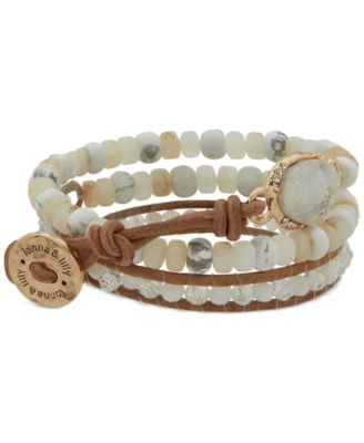 lonna & lilly - Gold-Tone Pav&eacute; & Drusy Stone Beaded Leather Wrap Bracelet