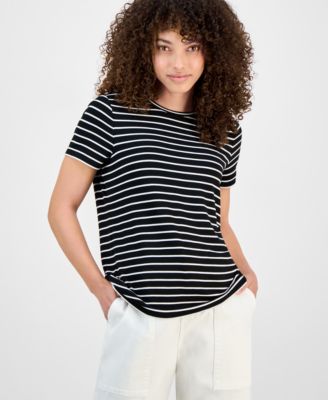Liverpool Los Angeles - Petite Striped Crewneck Short-Sleeve T-Shirt