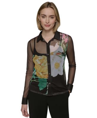 KARL LAGERFELD PARIS - Petite Sheer Floral Button-Up Shirt