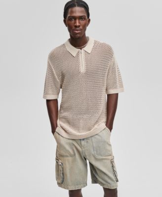 Mode of One - Men's Polo-Collar Open-Stitch Short-Sleeve Sweater