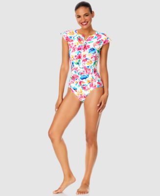 Anne Cole - Women's Watercolor Paisley Flutter-Sleeve Zip-Front One-Piece Swimsuit