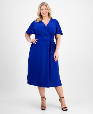 Connected - Plus Size Tie-Waist Flutter-Sleeve Midi Dress