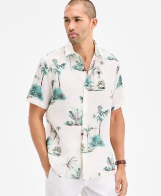 Club Room - Men's Aloha Short Sleeved Tropical Print Button-Front Linen Shirt