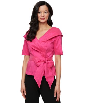 Alex Evenings - Women's Elbow-Sleeve Stretch Tie-Waist Collared Taffeta Blouse