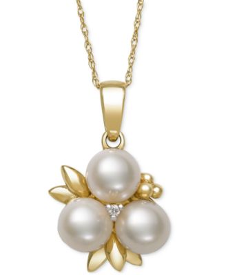Belle de Mer - Cultured Freshwater Pearl (6-7mm) & Diamond Accent Flower Cluster 18" Pendant Necklace in 14k Gold