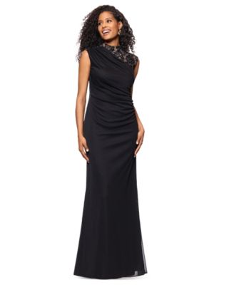 B&A By Betsy and Adam - Petite Lace Trim Ruched Sleeveless Gown