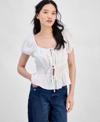 Hippie Rose - Juniors' Shirred Tie-Front Peasant Top
